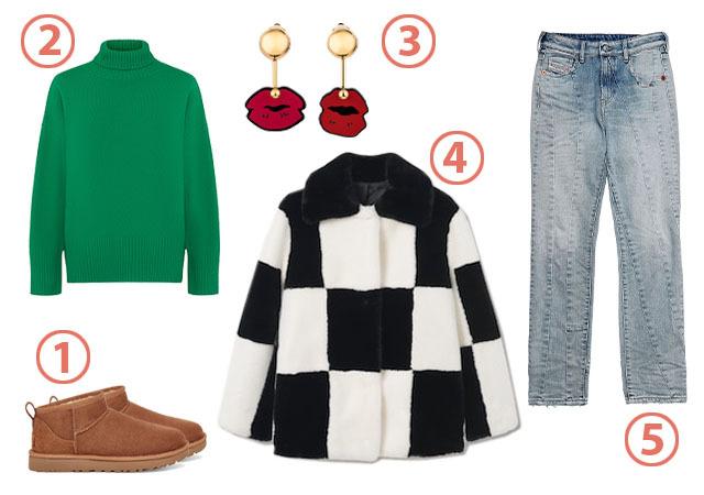 1. Угги UGG Classic Ultra Mini, 14 900 руб. 2. Джемпер To Be Blossom, 10 990 руб. 3. Серьги Marni (poisondrop.ru), 26 320 руб. 4. Шуба из искусственного меха COS, 8 999 руб. 5. Джинсы Diesel, цена по запросу