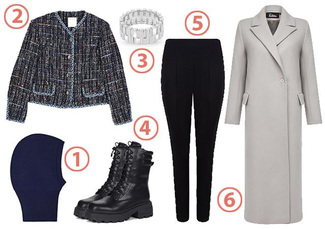 1. Капор Mankova, 2990 руб. 2. Жакет Sandro, 31 430 руб. 3. Кольцо LAV'Z, 8500 руб. 4. Ботинки Respect, 8999 руб. 5. Легинсы Studio 29, 3200 руб. 6. Пальто Fantome, 90 000 руб.