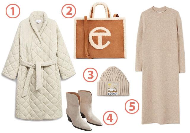 1. Дутое пальто Mango, 5999 руб. 2. Сумка UGG x Telfar, 30 000 руб. 3. Шапка Bogner, 11 000 руб. 4. Казаки & Other Stories, 12 990 руб. 5. Платье Mango, 3599 руб.