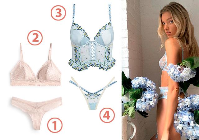 1. Трусы Oysho, 799 руб. 2. Бра Oysho, 1 499 руб. 3. Бюстье Victoria's Secret, 10 315,64 руб. 4. Трусы Victoria's Secret, 3 118,68 руб.