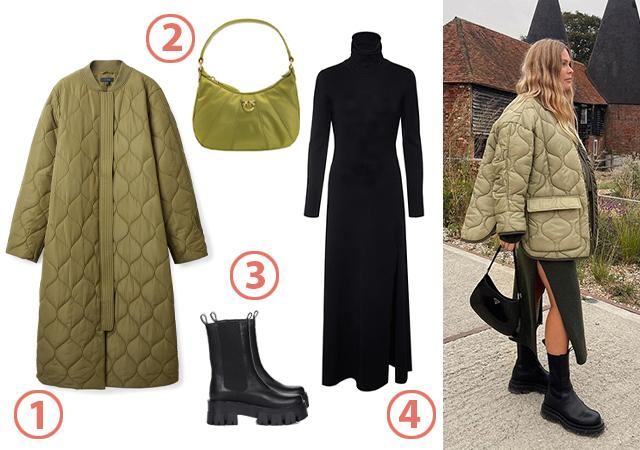 1. Стеганое пальто COS, 14 990 руб. 2. Сумка Pinko, 21 250 руб. 3. Челси Respect, 9299 руб. 4. Платье You Wanna, 9950 руб.