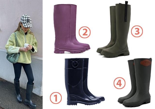 1. Резиновые сапоги Pinko, цена по запросу. 2. Zara, 5599 руб. 3. Ganni, 23 000 руб. 4. Tod's, 33 950 руб.