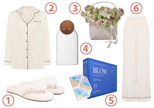 1. Тапки Ekonika Home, 6990 руб. 2. Рубашка To Be Blossom, 8990 руб. 3. Корзина с цветами Eufloria,17 680 руб. 4. Банка modi, 699 руб. 5. Патчи BLÓM, 6990 руб. 6. Брюки To Be Blossom, 8990 руб.