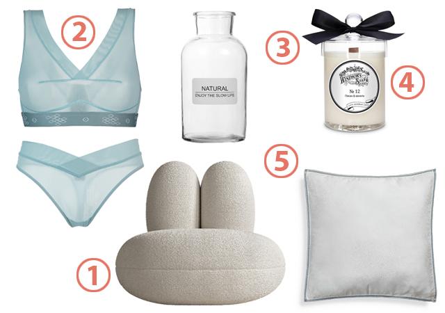 1. Кресло Bunny (Роман Плайс / Manner & Matter), цена по запросу. 2. Белье Le Journal Intime (трусы 3800 руб, бра 6900 руб). 3. Ваза modi, 499 руб. 4. Свеча Windsor's Soap, 890 руб. 5. Наволочка «Крестецкая строчка», цена по запросу.