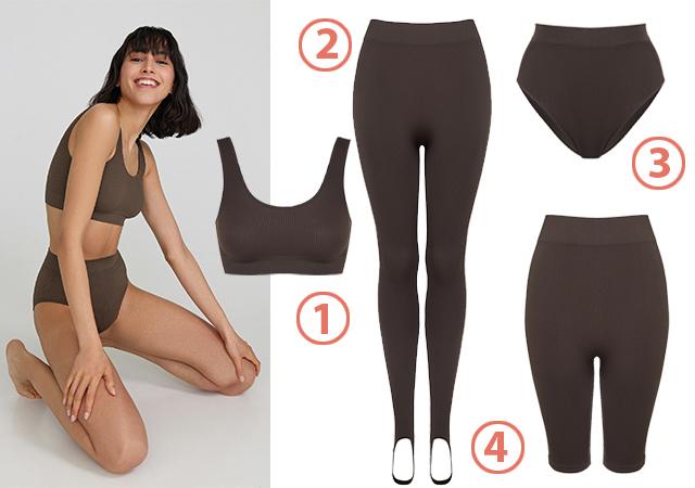 Белье и одежда Belle You. 1. Топ 2589 руб. 2. Легинсы  3789 руб. 3. Трусы 2189 руб. 4. Велосипедки 2889 руб.