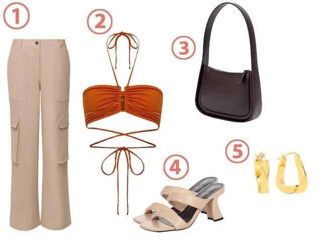 1. Брюки Lichi, 5499 руб. 2. Топ-бра 12 Storeez, 4480 руб. 3. Сумка 12 Storeez, 24980 руб. 4. Мюли Respect, 5939 руб. 5. Серьги Lav'z, 13900 руб.