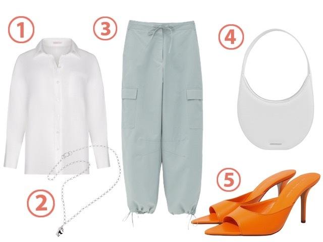 1. Рубашка Nude Story, цена по запросу. 2. Колье Jewellery Bar, цена по запросу. 3. Брюки Lime, 4599 руб. 4. Сумка Arny Praht, 7700 руб. 5. Мюли Giaborghini (TSUM), 48150 руб.