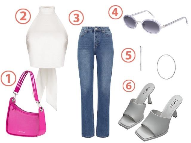 1. Сумка Yulia Kutuzova, 21 500 руб. 2. Топ LaTrika, цена по запросу. 3. Джинсы To Be Blossom, 7990 руб. 4. Очки Andy Wolf, цена по запросу. 6. Мюли Lalou, 10 900 руб.