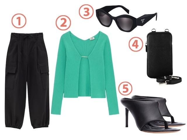 1. Брюки Lime, 5599 руб. 2. Кардиган Lime, 3999 руб. 3. Очки Prada, цена по запросу. 4. Мини-сумка Pepfer, 7500 руб. 5. Мюли Jacquemus (aizel.ru), 54 000 руб.