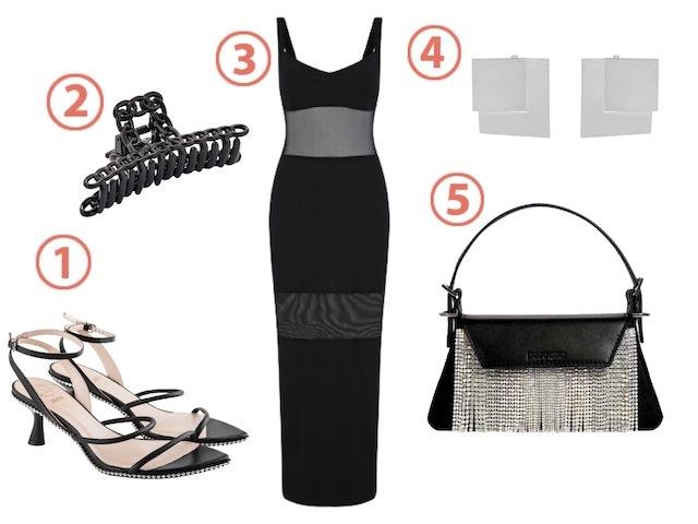 1. Босоножки Ekonika Premium, цена по запросу. 2. Заколка Beautyparad (lamoda.ru), 630 руб. 3. Платье You Wanna, 6950 руб. 4. Серьги Khoshtrik (poisondrop.ru), 16 900 руб. 5. Сумка Pesoque, 37 000 руб.