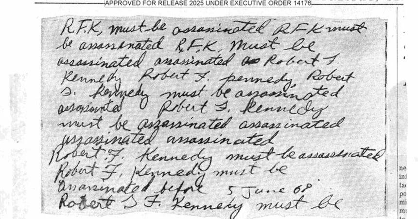 Убийца Роберта Ф. Кеннеди Сирхан сообщил в записке о планах в отношении сенатора